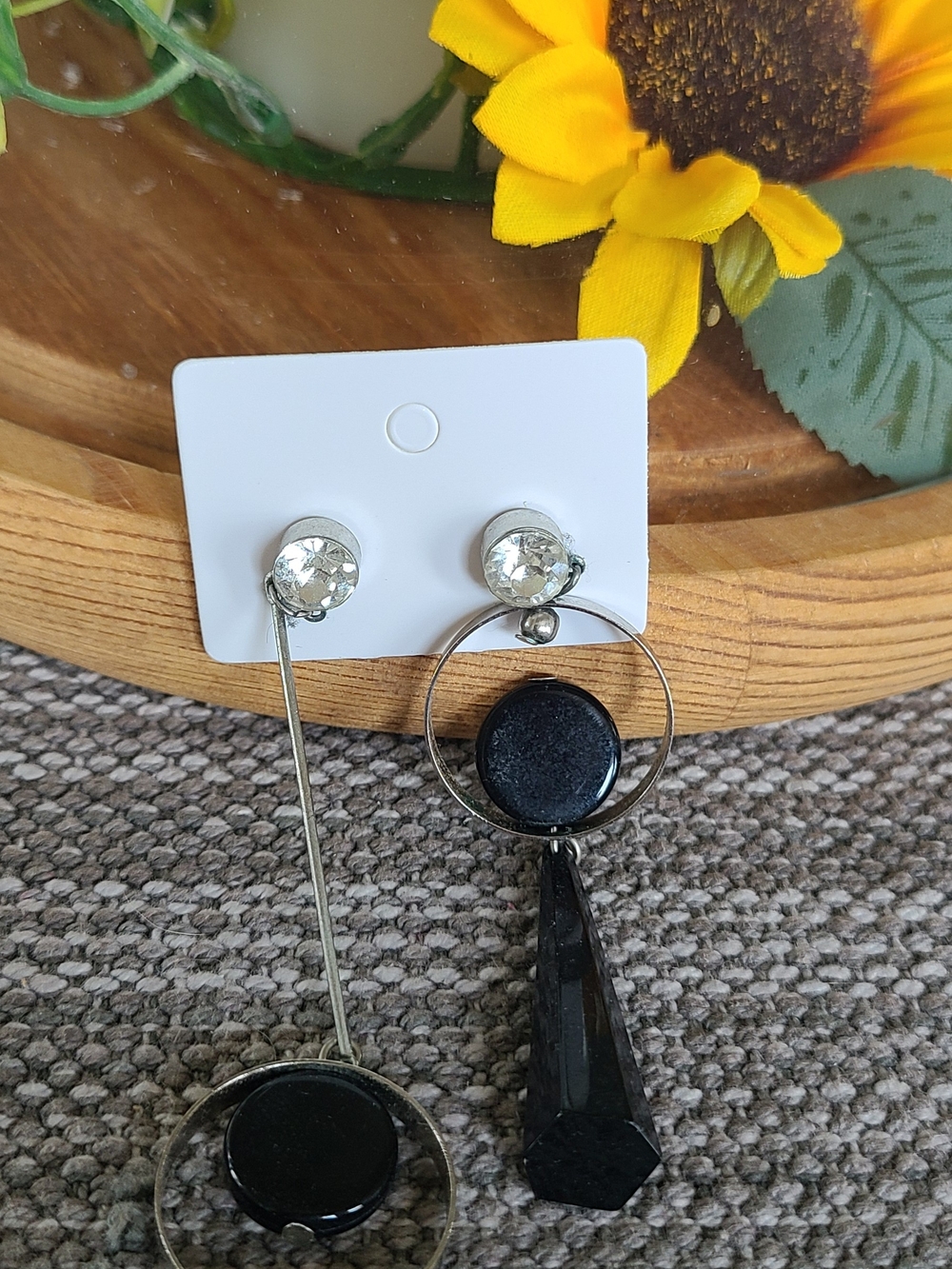 Asymmetrical Black Drop Earrings with Clear Studs